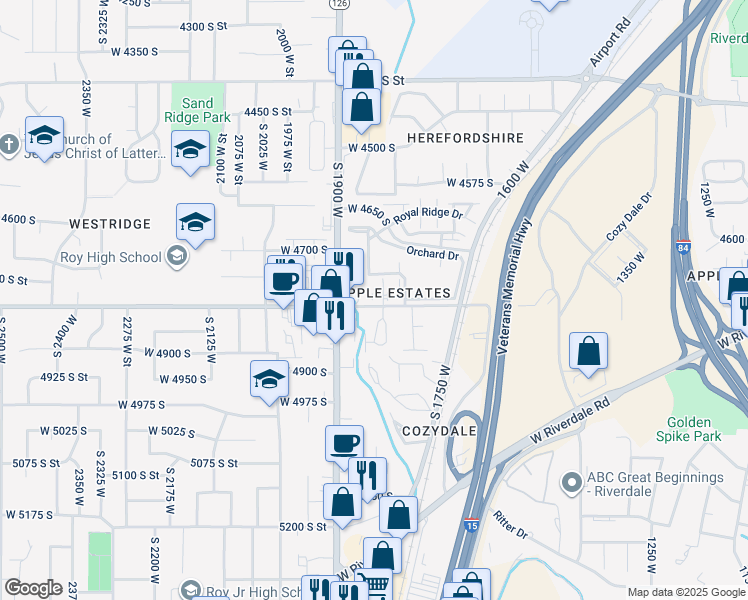 map of restaurants, bars, coffee shops, grocery stores, and more near 4783 South 1800 West in Roy