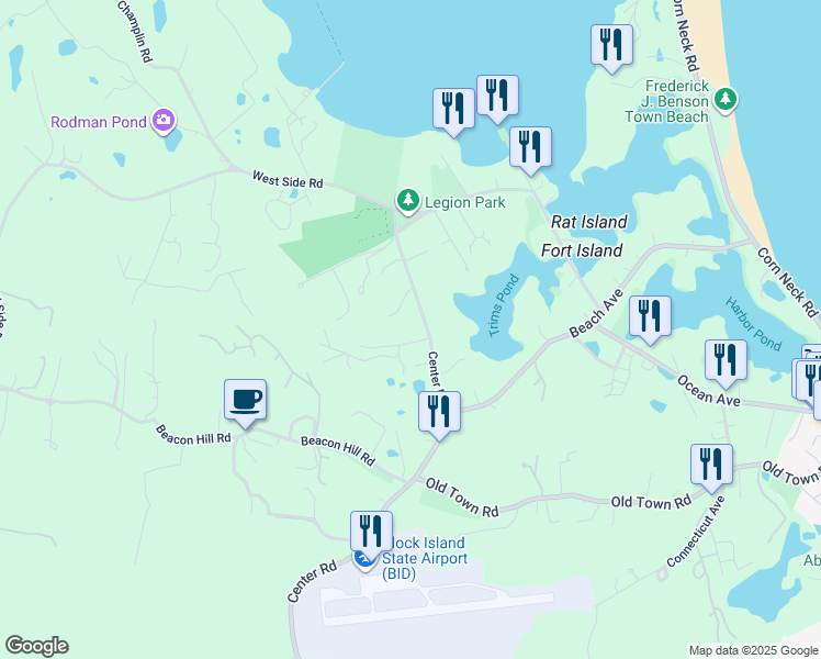 map of restaurants, bars, coffee shops, grocery stores, and more near 538 Center Road in New Shoreham