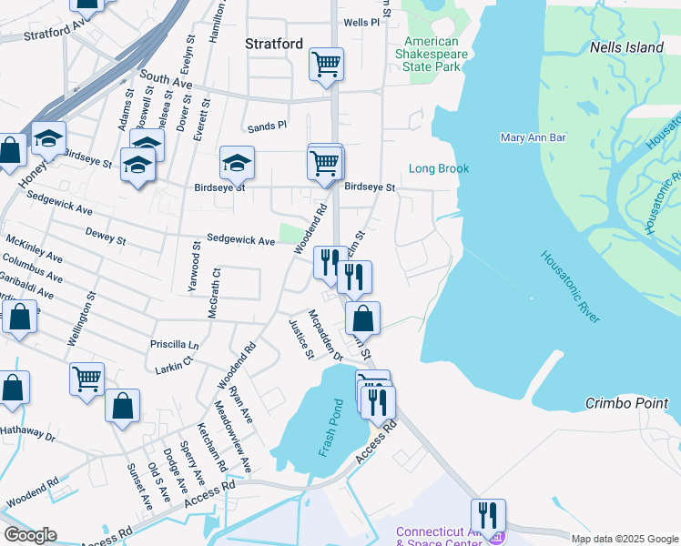 map of restaurants, bars, coffee shops, grocery stores, and more near 1178 Elm Street in Stratford