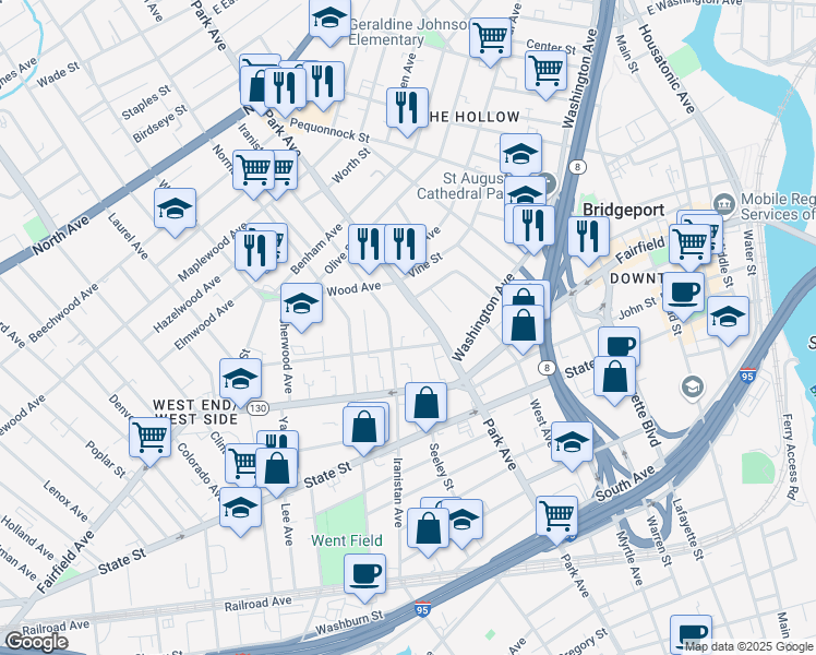map of restaurants, bars, coffee shops, grocery stores, and more near 1163 Iranistan Avenue in Bridgeport