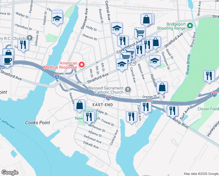 map of restaurants, bars, coffee shops, grocery stores, and more near 582 Newfield Avenue in Bridgeport