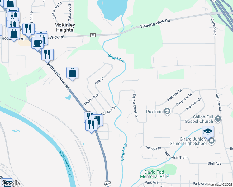 map of restaurants, bars, coffee shops, grocery stores, and more near 1524 Squaw Creek Drive in Girard