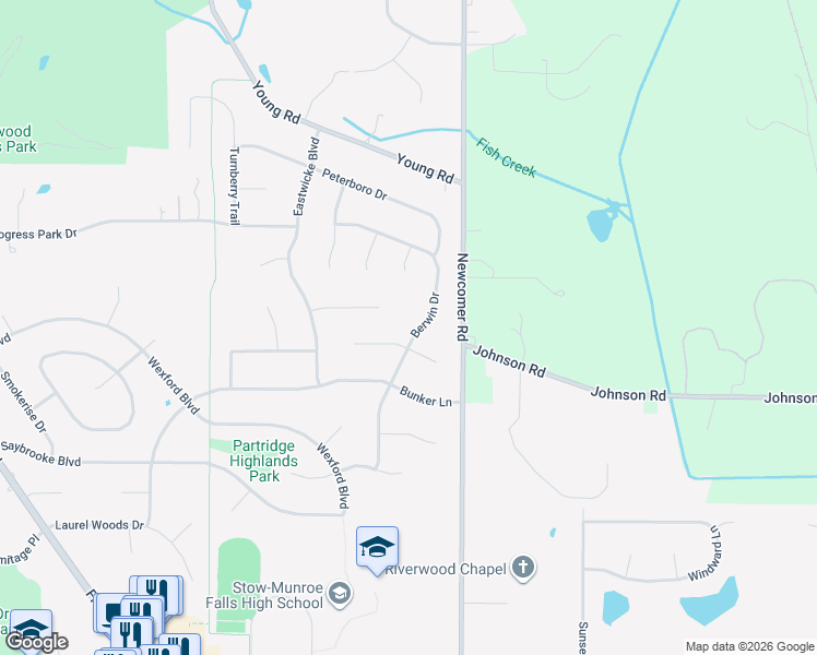 map of restaurants, bars, coffee shops, grocery stores, and more near 3230 Berwin Drive in Stow