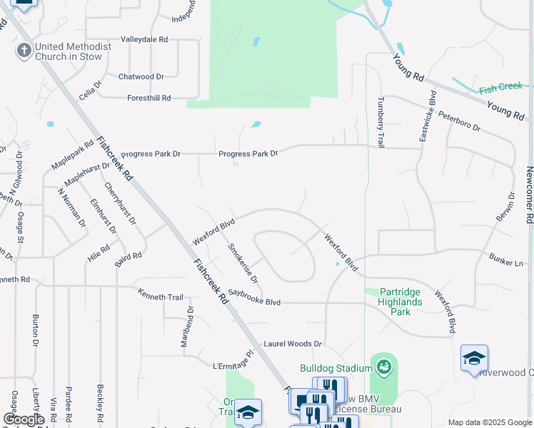 map of restaurants, bars, coffee shops, grocery stores, and more near 2782 Wexford Boulevard in Stow
