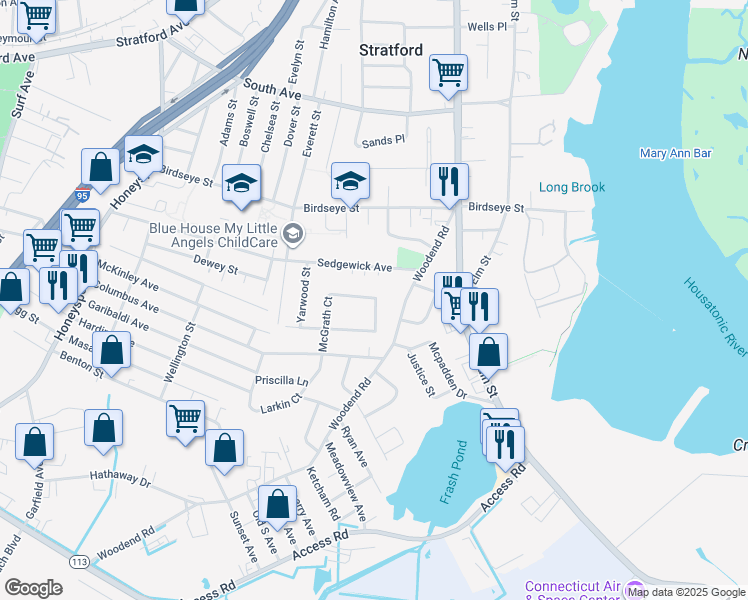 map of restaurants, bars, coffee shops, grocery stores, and more near 252 McGrath Court in Stratford
