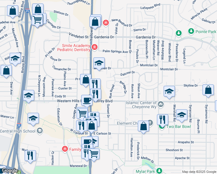 map of restaurants, bars, coffee shops, grocery stores, and more near 6316 Marsellaise Ct in Cheyenne