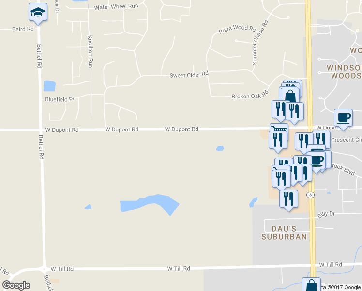 map of restaurants, bars, coffee shops, grocery stores, and more near 2517 West Dupont Road in Fort Wayne