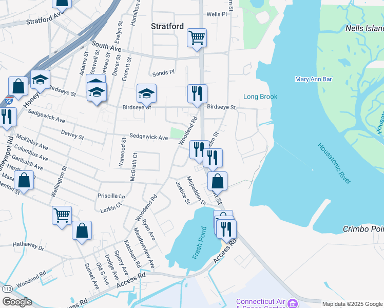 map of restaurants, bars, coffee shops, grocery stores, and more near 106 Leeward Drive in Stratford