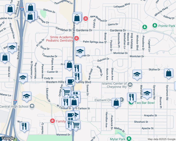 map of restaurants, bars, coffee shops, grocery stores, and more near 6316 Marsellaise Court in Cheyenne