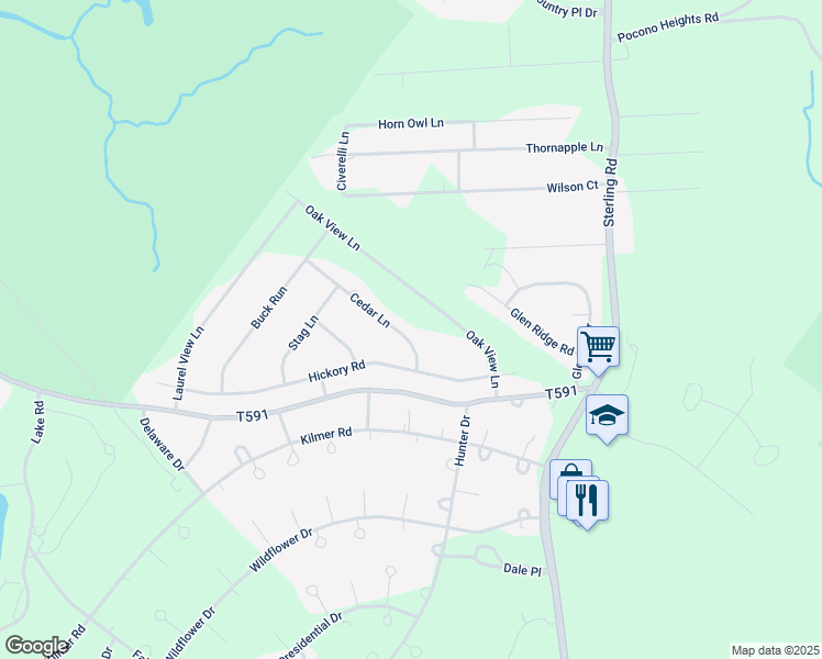 map of restaurants, bars, coffee shops, grocery stores, and more near 3616 Cedar Lane in Tobyhanna