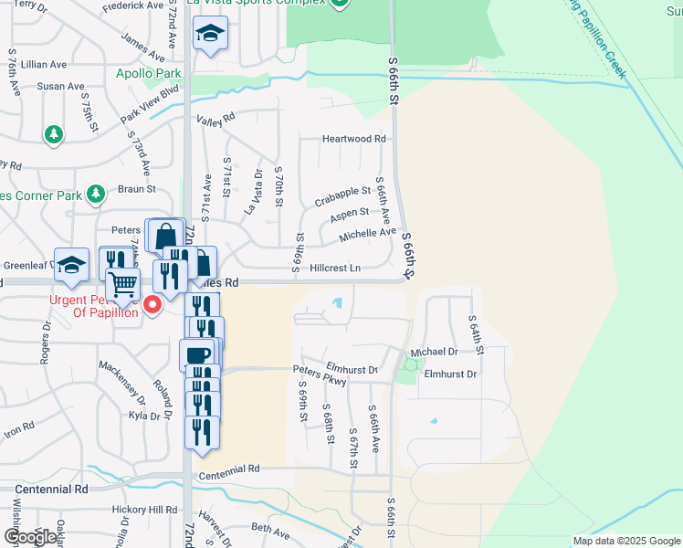 map of restaurants, bars, coffee shops, grocery stores, and more near 6813 Hillcrest Lane in La Vista