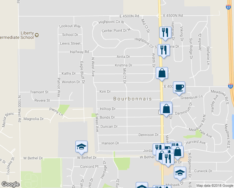 map of restaurants, bars, coffee shops, grocery stores, and more near 41 Kim Drive in Bourbonnais