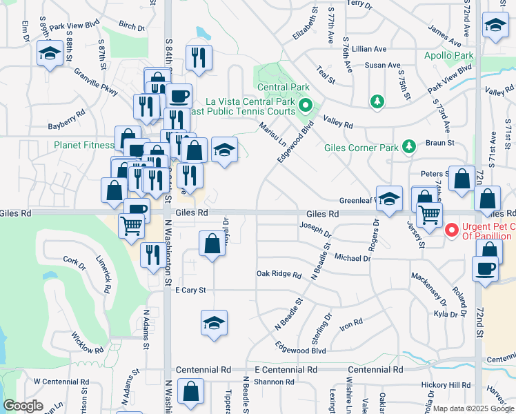 map of restaurants, bars, coffee shops, grocery stores, and more near 7933 Edgewood Boulevard in La Vista