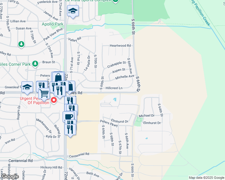 map of restaurants, bars, coffee shops, grocery stores, and more near 6813 Hillcrest Lane in La Vista