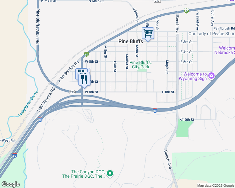 map of restaurants, bars, coffee shops, grocery stores, and more near 804 Blair St in Pine Bluffs