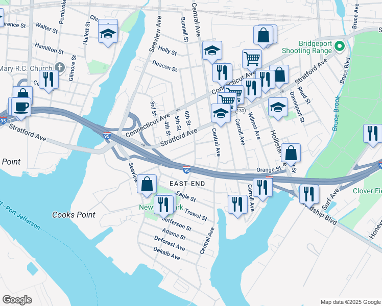 map of restaurants, bars, coffee shops, grocery stores, and more near 582 Newfield Avenue in Bridgeport