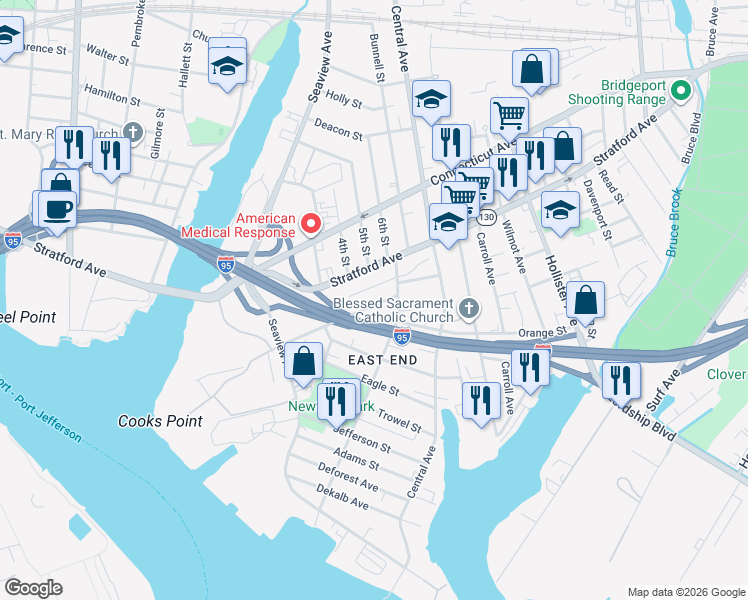 map of restaurants, bars, coffee shops, grocery stores, and more near 223 Beardsley Street in Bridgeport
