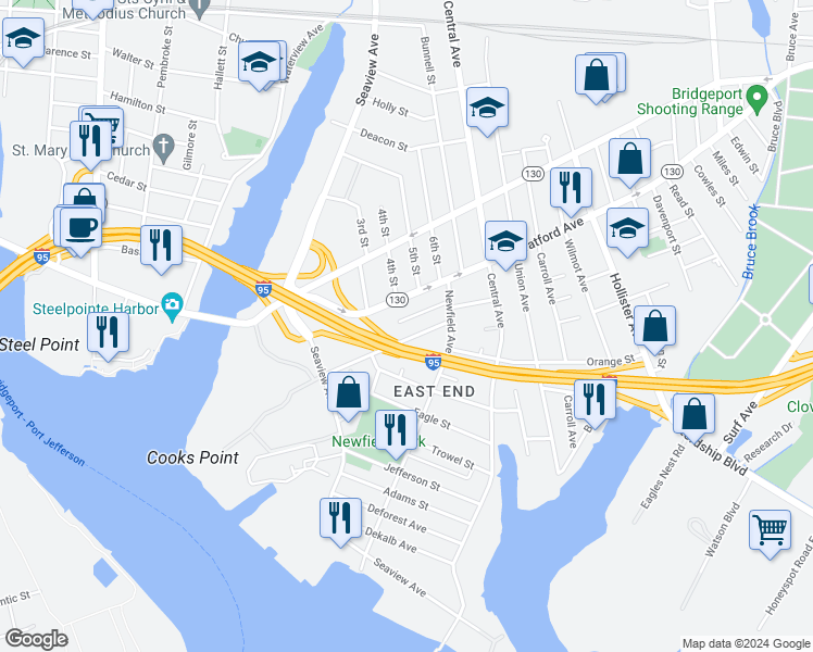 map of restaurants, bars, coffee shops, grocery stores, and more near 223 Beardsley Street in Bridgeport