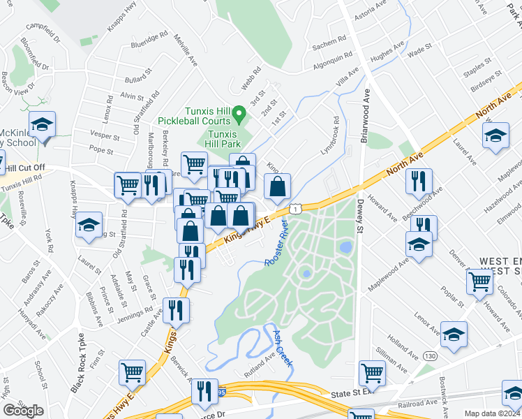 map of restaurants, bars, coffee shops, grocery stores, and more near 18 Tunxis Hill Road in Fairfield