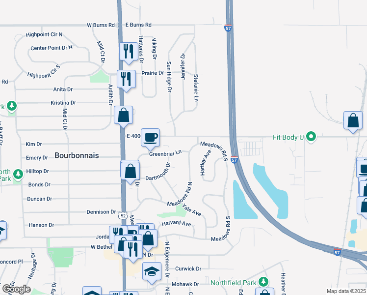 map of restaurants, bars, coffee shops, grocery stores, and more near 221 Greenbriar Lane in Bourbonnais