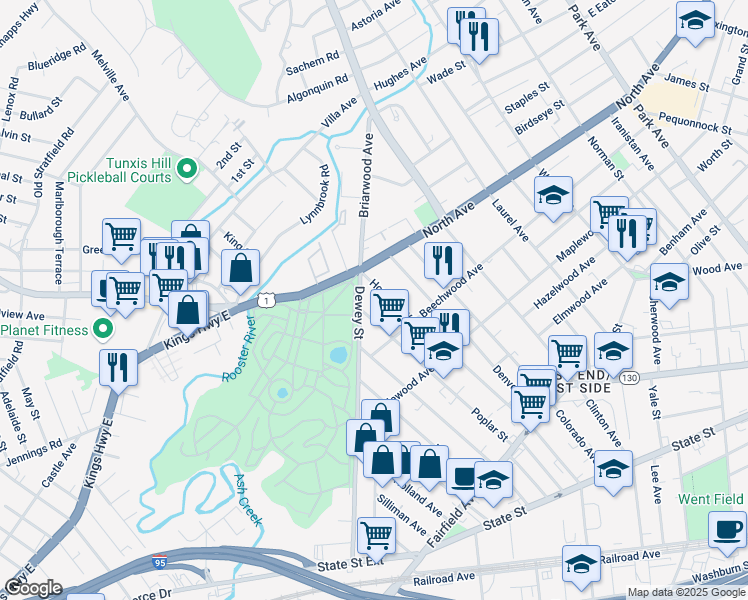 map of restaurants, bars, coffee shops, grocery stores, and more near 19 Dewey Court in Bridgeport