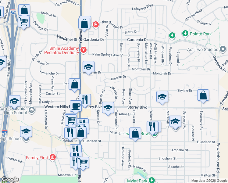 map of restaurants, bars, coffee shops, grocery stores, and more near 314 Muscadine Way in Cheyenne