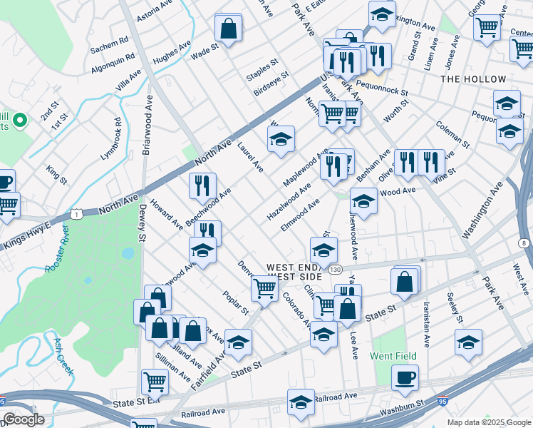 map of restaurants, bars, coffee shops, grocery stores, and more near 190 Hazelwood Avenue in Bridgeport
