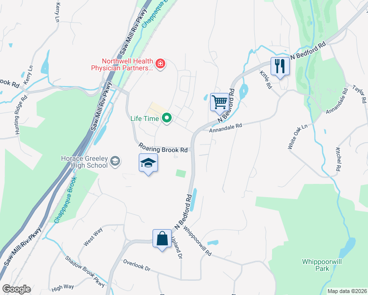 map of restaurants, bars, coffee shops, grocery stores, and more near 5 Roaring Brook Road in Chappaqua