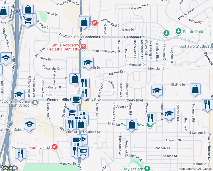 map of restaurants, bars, coffee shops, grocery stores, and more near 314 Muscadine Way in Cheyenne