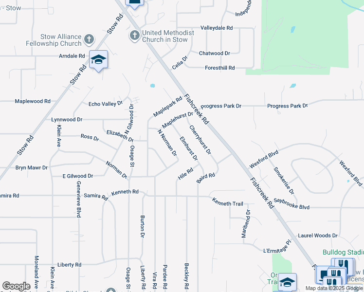 map of restaurants, bars, coffee shops, grocery stores, and more near 4344 Elmhurst Drive in Stow