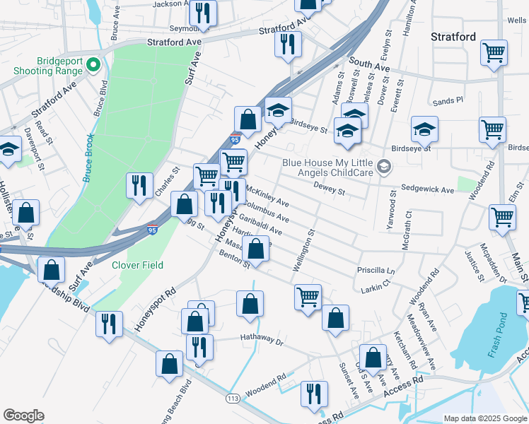 map of restaurants, bars, coffee shops, grocery stores, and more near 91 Columbus Avenue in Stratford