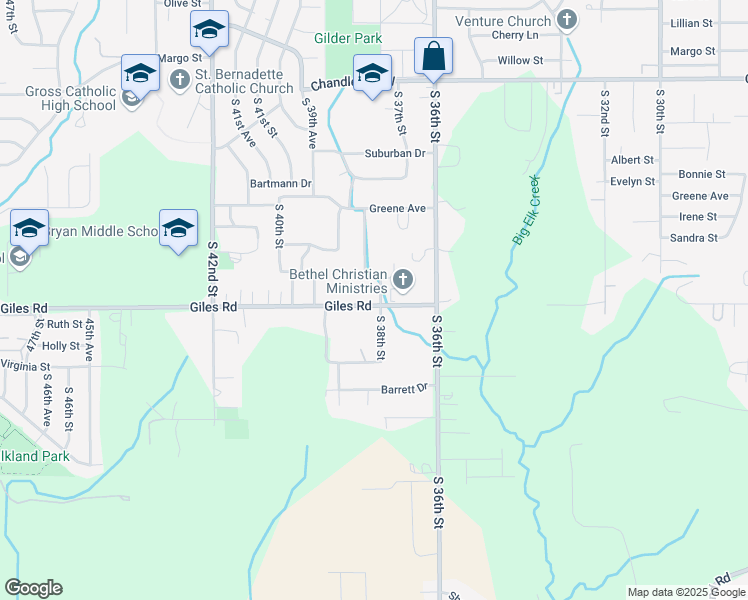 map of restaurants, bars, coffee shops, grocery stores, and more near 3802 Giles Road in Bellevue