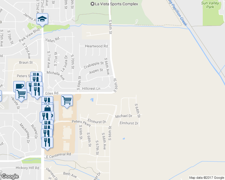 map of restaurants, bars, coffee shops, grocery stores, and more near 8229 South 66th Avenue Court in La Vista