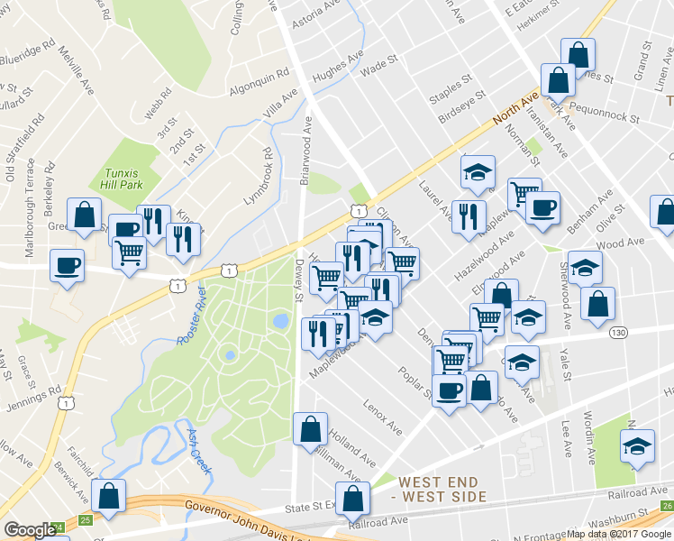 map of restaurants, bars, coffee shops, grocery stores, and more near 1246 Howard Avenue in Bridgeport