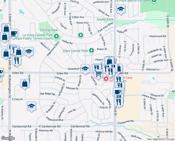 map of restaurants, bars, coffee shops, grocery stores, and more near in Papillion