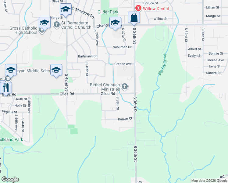 map of restaurants, bars, coffee shops, grocery stores, and more near 3802 Giles Road in Bellevue