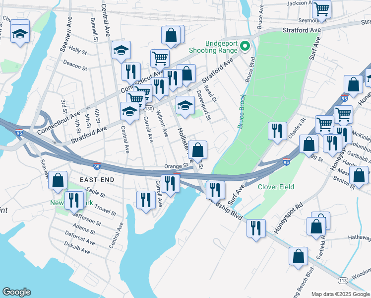 map of restaurants, bars, coffee shops, grocery stores, and more near 129 Hollister Avenue in Bridgeport