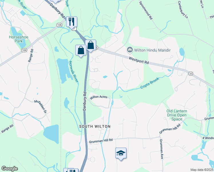 map of restaurants, bars, coffee shops, grocery stores, and more near 35 Ridge Lane in Wilton