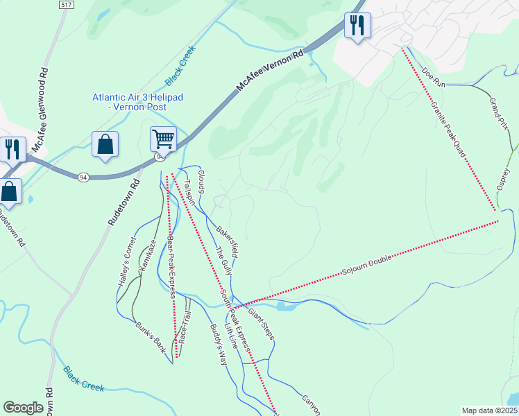 map of restaurants, bars, coffee shops, grocery stores, and more near 5 Alpine Trail in Vernon Township