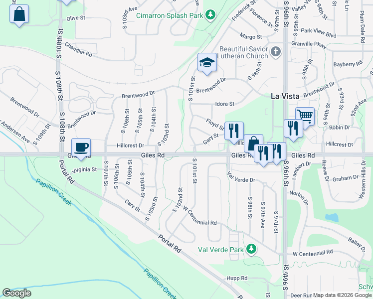 map of restaurants, bars, coffee shops, grocery stores, and more near 10105 Gary Circle in La Vista