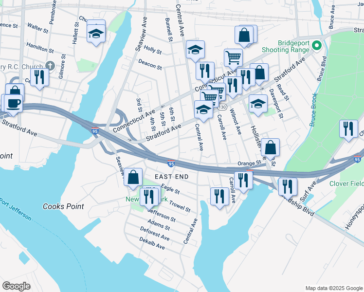 map of restaurants, bars, coffee shops, grocery stores, and more near 582 Newfield Avenue in Bridgeport
