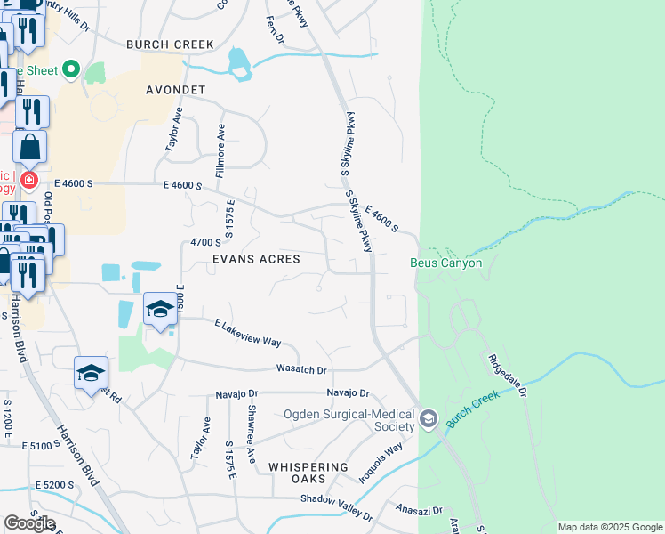 map of restaurants, bars, coffee shops, grocery stores, and more near 4760 Meadow Creek Lane in Ogden