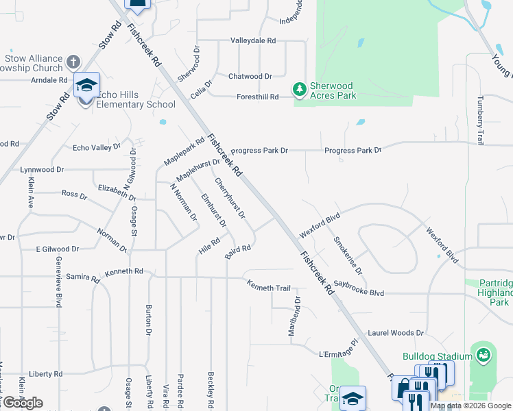 map of restaurants, bars, coffee shops, grocery stores, and more near 4556 Fishcreek Road in Stow