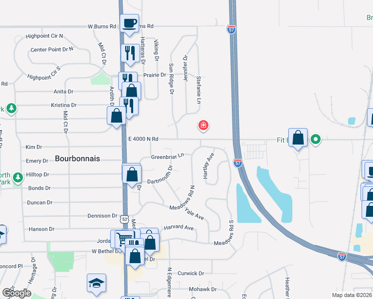 map of restaurants, bars, coffee shops, grocery stores, and more near 221 Greenbriar Lane in Bourbonnais