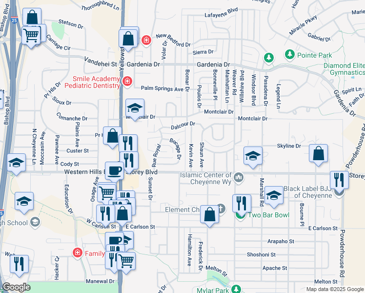 map of restaurants, bars, coffee shops, grocery stores, and more near 357 Bocage Dr in Cheyenne