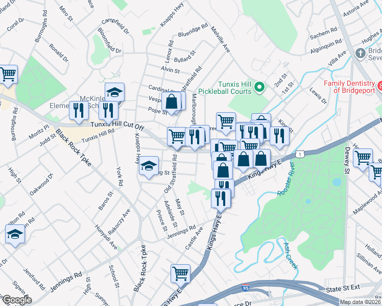map of restaurants, bars, coffee shops, grocery stores, and more near 467 Tunxis Hill Road in Fairfield