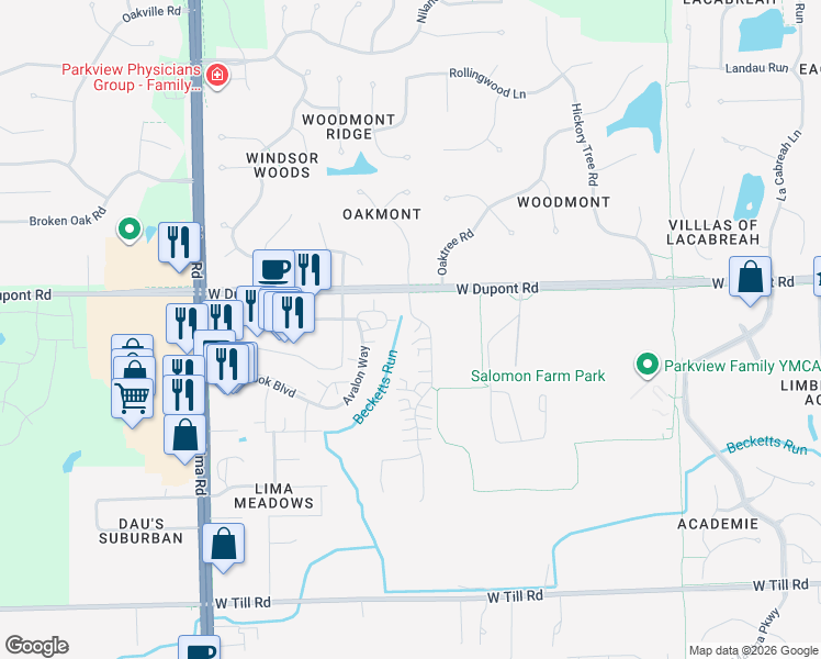 map of restaurants, bars, coffee shops, grocery stores, and more near 10133 Oak Trail Rd in Fort Wayne