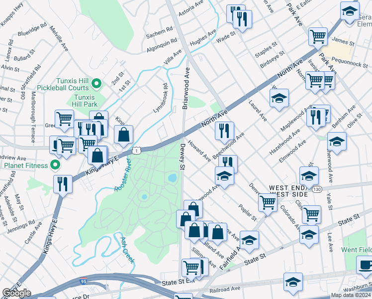 map of restaurants, bars, coffee shops, grocery stores, and more near 682 Dewey Street in Bridgeport