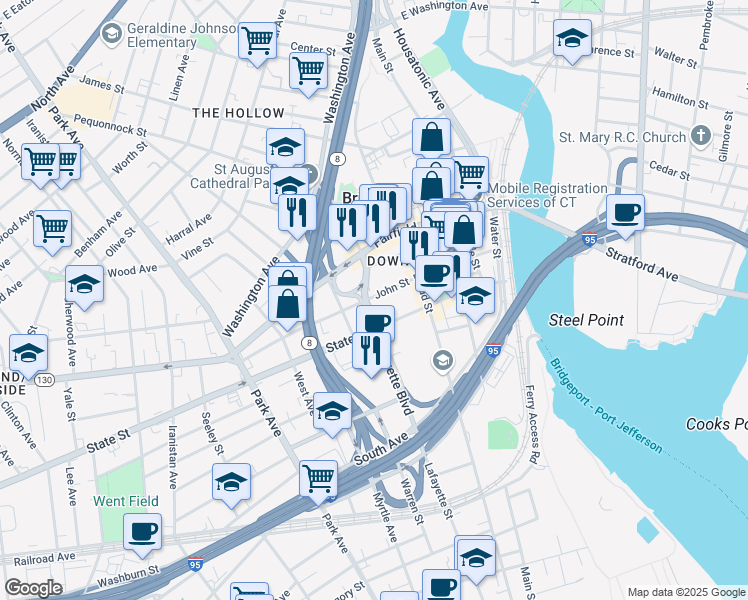 map of restaurants, bars, coffee shops, grocery stores, and more near 1611 John Street in Bridgeport