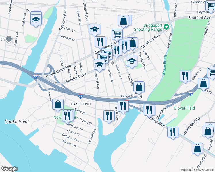 map of restaurants, bars, coffee shops, grocery stores, and more near 326 Union Avenue in Bridgeport